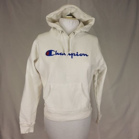 Champion Vintage white reverse weave hooded sweatshirt hoodie script logo small - Picture 1 of 16